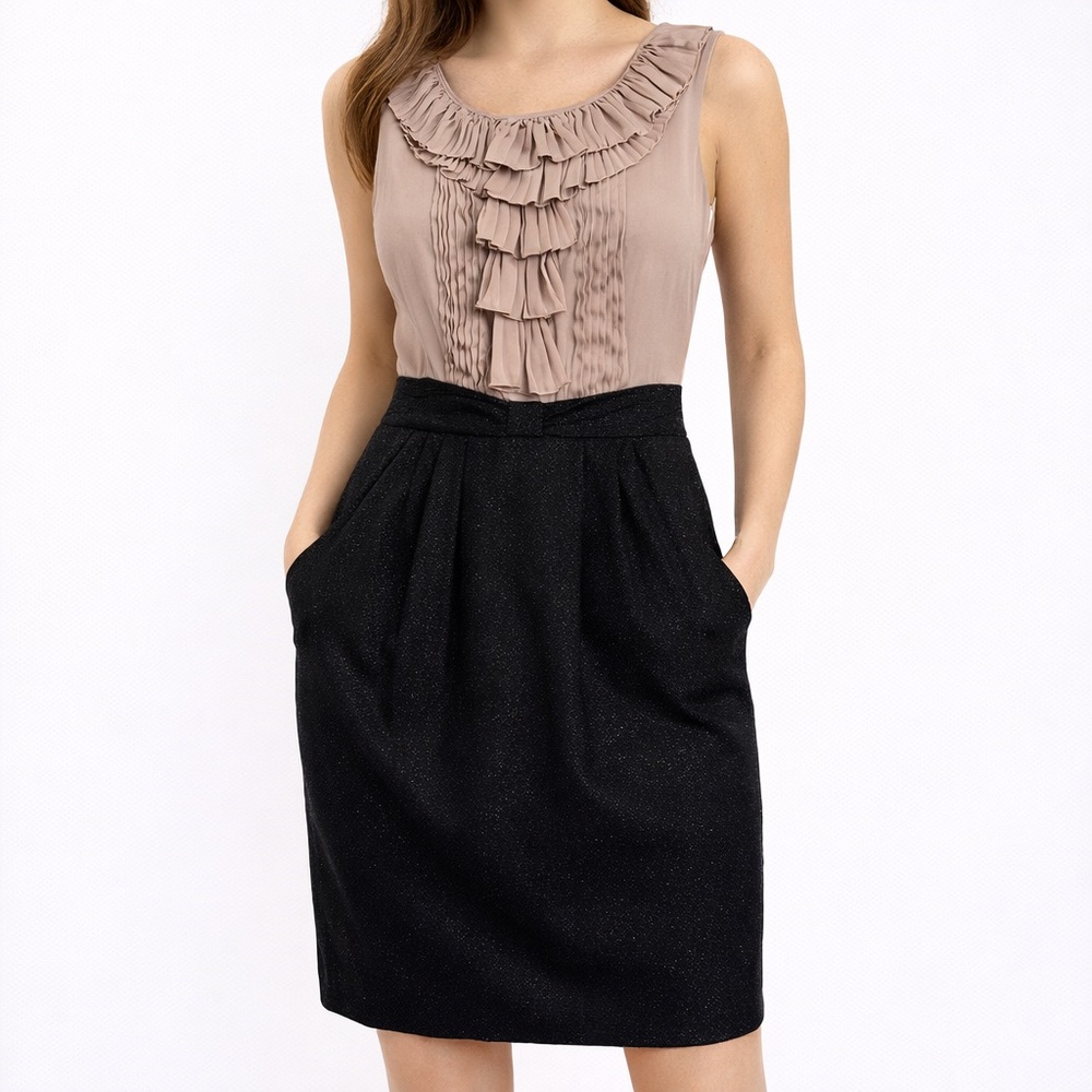 BCBG Paris Ruffle Neck Sleeveless Colorblock Dress Taupe Black Size 6 Medium